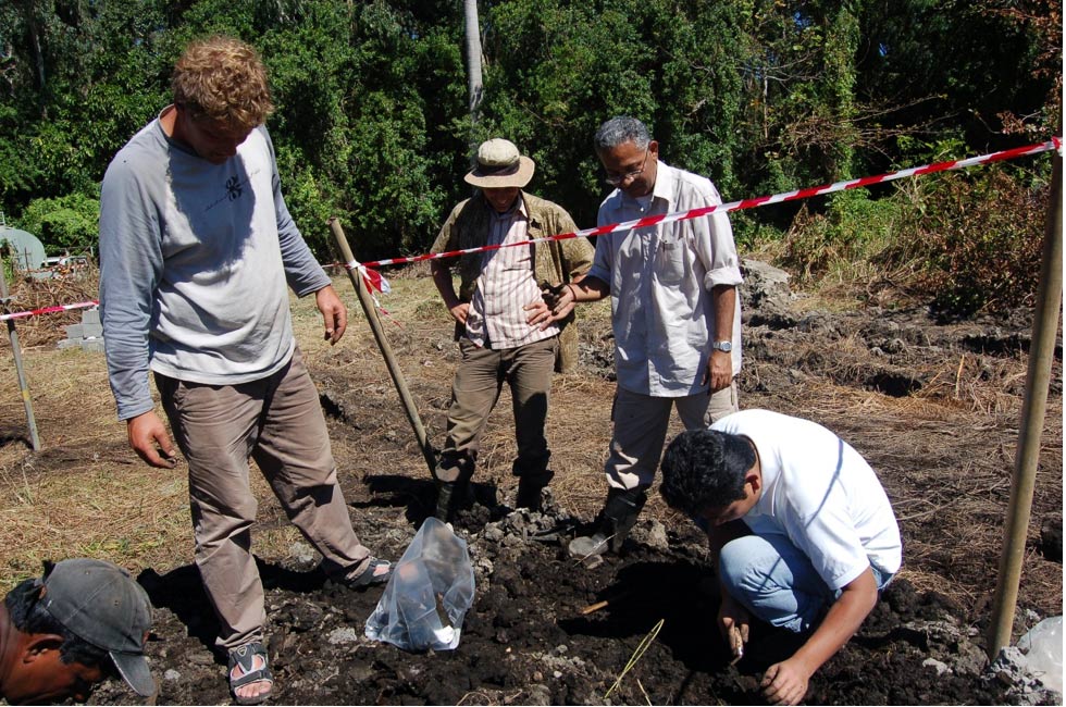 Scientists excavating at Mare aux Songes. Kenneth Rijsdick, Dutch paleontologist and leader of the project, Anwar Janoo, Mauritian paleontologist, and Nipon Medhi doing fieldwork. (Courtesy Jayshree Mungur-Medhi)