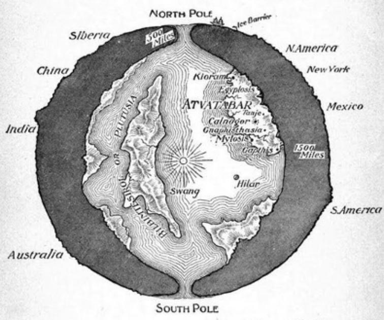 Drawing of the planet Earth showing the "Interior World" of Atvatabar, from William R. Bradshaw's 1892 science-fiction novel The Goddess of Atvatabar (Public Domain)