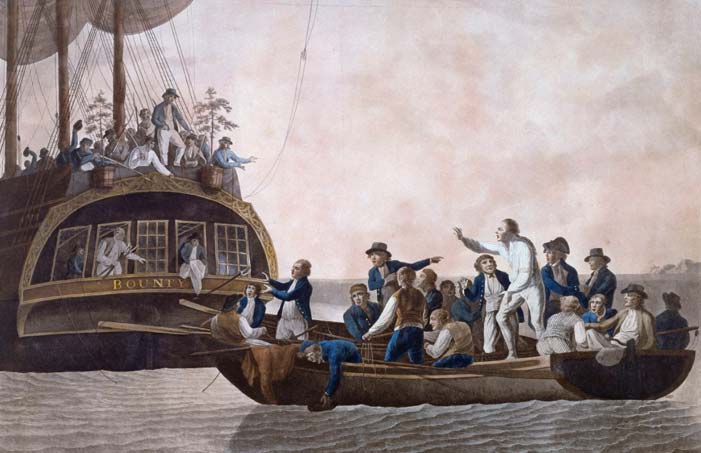 The island was settled by Europeans by a pack of mutineers of the HMS Bounty in 1790. Here, Fletcher Christian and the mutineers sent Lieutenant William Bligh and 18 others adrift; 1790 painting by Robert Dodd (Public Domain)
