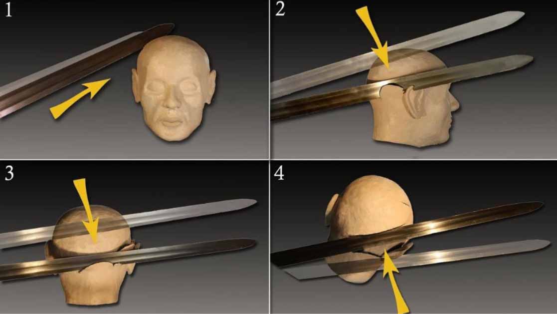 The study found the murder victim was probably killed by four sword blows to the head; the first caused a slight wound, but the others seem to have killed him as he was trying to escape the attack. (Stefano Ricci/University of Siena)