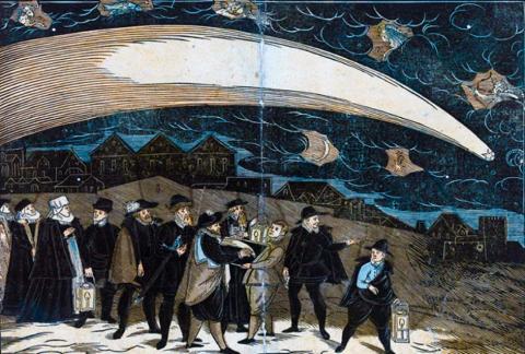 A depiction of the Great Comet of 1577 over Prague. In addition to the comet, five zodiac symbols appear in the sky: (L-R) Aries, Pisces, Aquarius, Capricorn, and Sagittarius. (Public Domain)