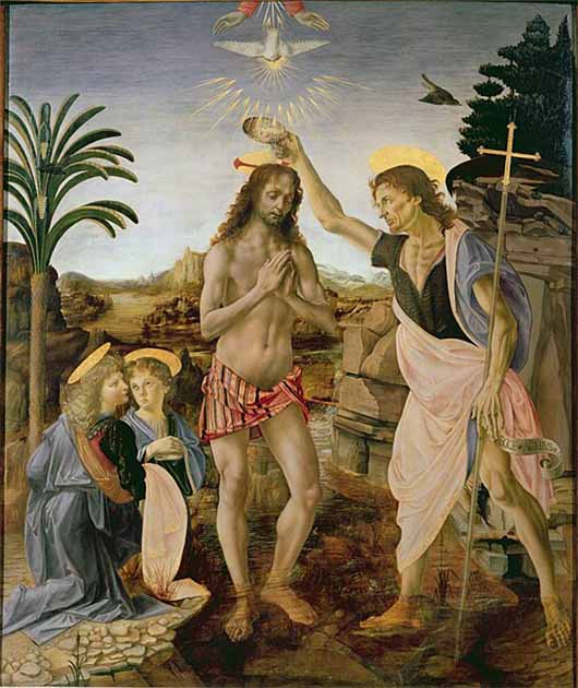 ‘The Baptism of Christ’ (circa 1475) by Verrocchio and Leonardo, Uffizi Gallery. (Public domain)
