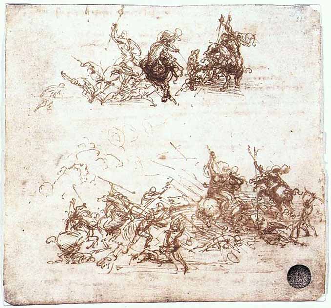 The Battle of Anghiari, Study of battles on horseback and on foot by Leonardo da Vinci. (Public domain)
