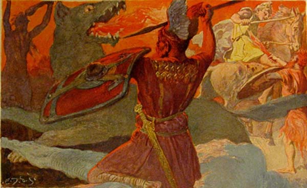 Odin und Fenriswolf Freyr und Surt. A scene from Ragnarök, the final battle between Odin and Fenrir and Freyr and Surtr.Circa 1905 (Public Domain)