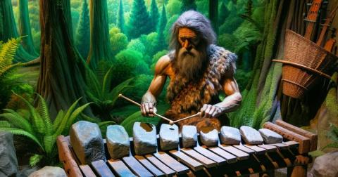 Representation of a prehistoric musician playing a lithophone. Source: Image created by OpenAI's DALL-E