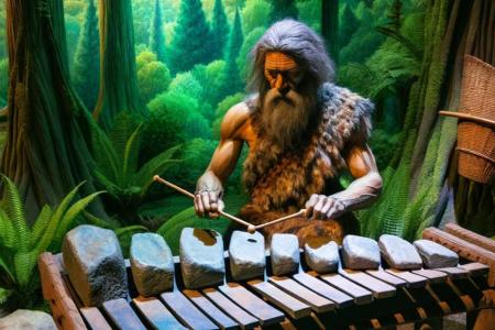 Representation of a prehistoric musician playing a lithophone. Source: Image created by OpenAI's DALL-E